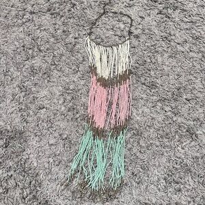 3/$15  Pastel Beaded Bib Necklace Long Fringe Very Unique and Maximalist